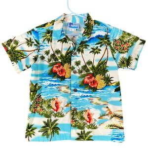 RJC Vintage 90s Island Surf Print Shirt Boys S Hawaiian Made In USA Cotton